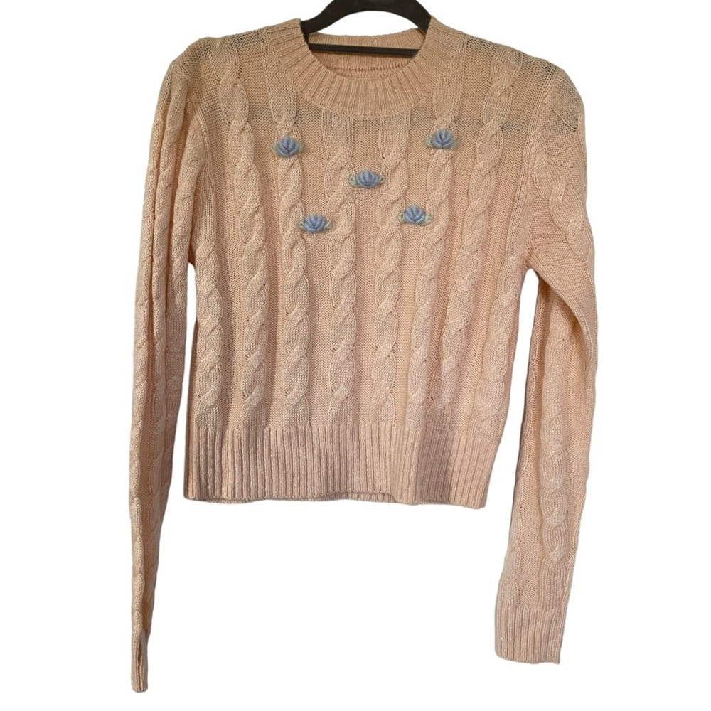 Twik Par Simons Floral Embroidered Cream Cable Knit Crewneck Pullover Sweater L